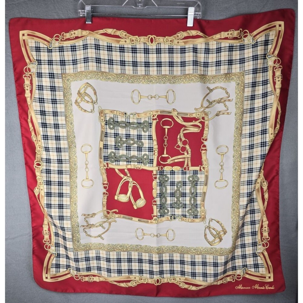 Monaco Monte-Carlo Equestrian Chain Silk Feel Square Scarf Red Gold 33.25 x 34.5